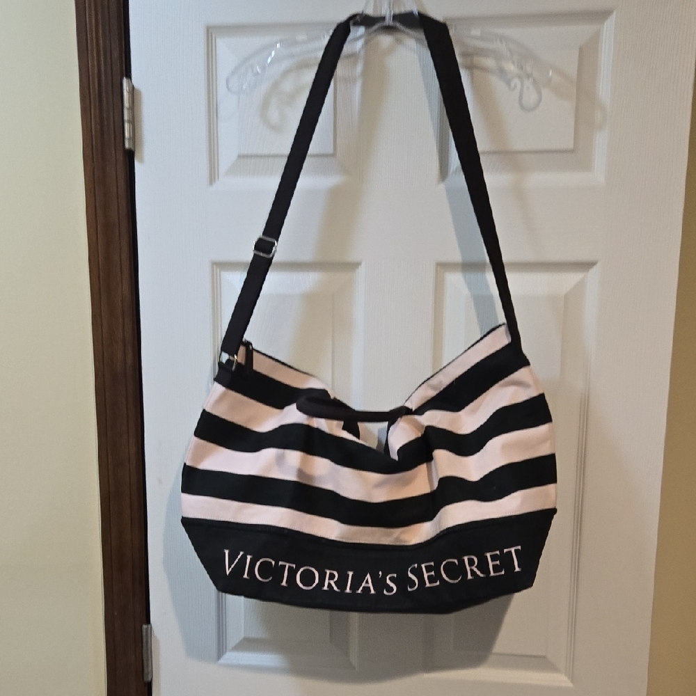 Victoria's Secret Black and Light Pink Striped Shoulder Bag
